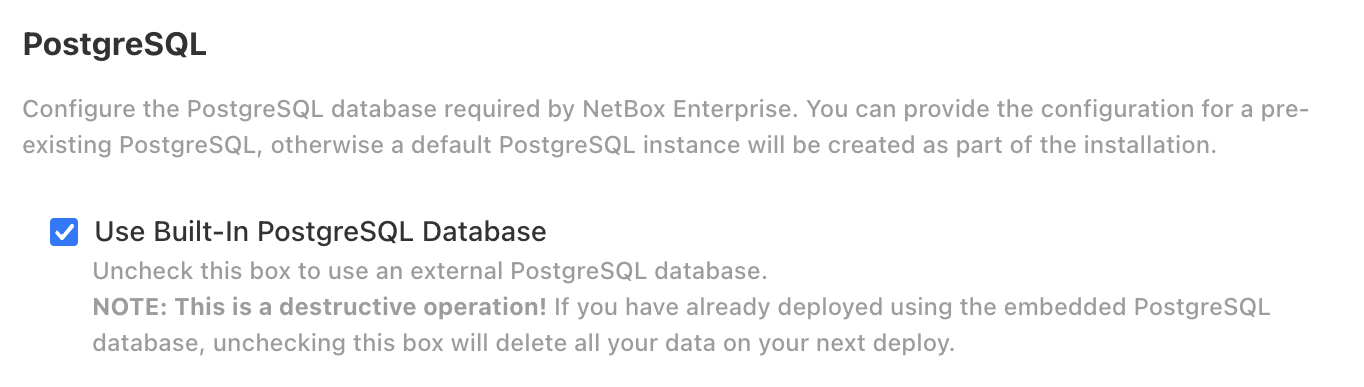 Screenshot: Built-in or external PostgreSQL